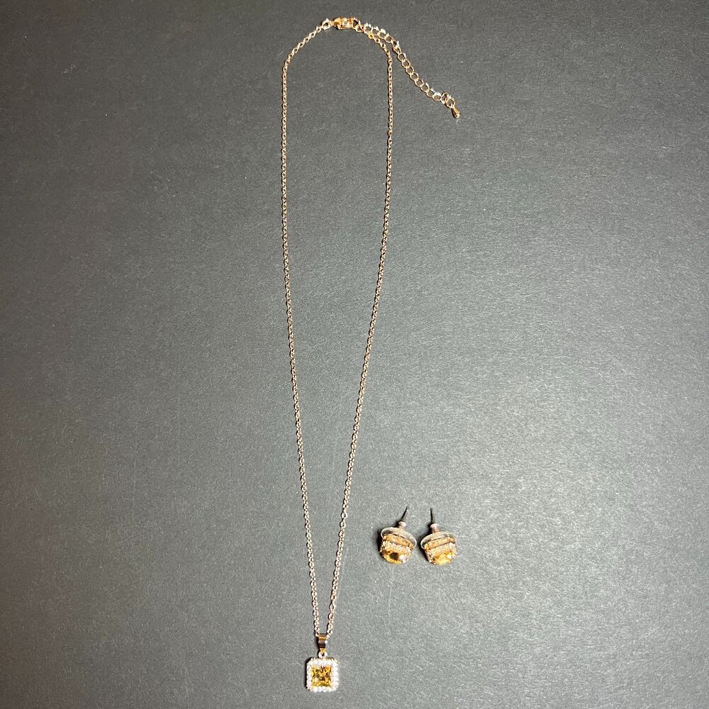 JCM Cubic Zirconia Rose Gold Tone Square Yellow Main Stone Necklace & Earrings